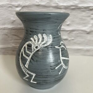 Native American Pottery Vase Tewa Navajo Southwest Style Etched Kokopelli Signed